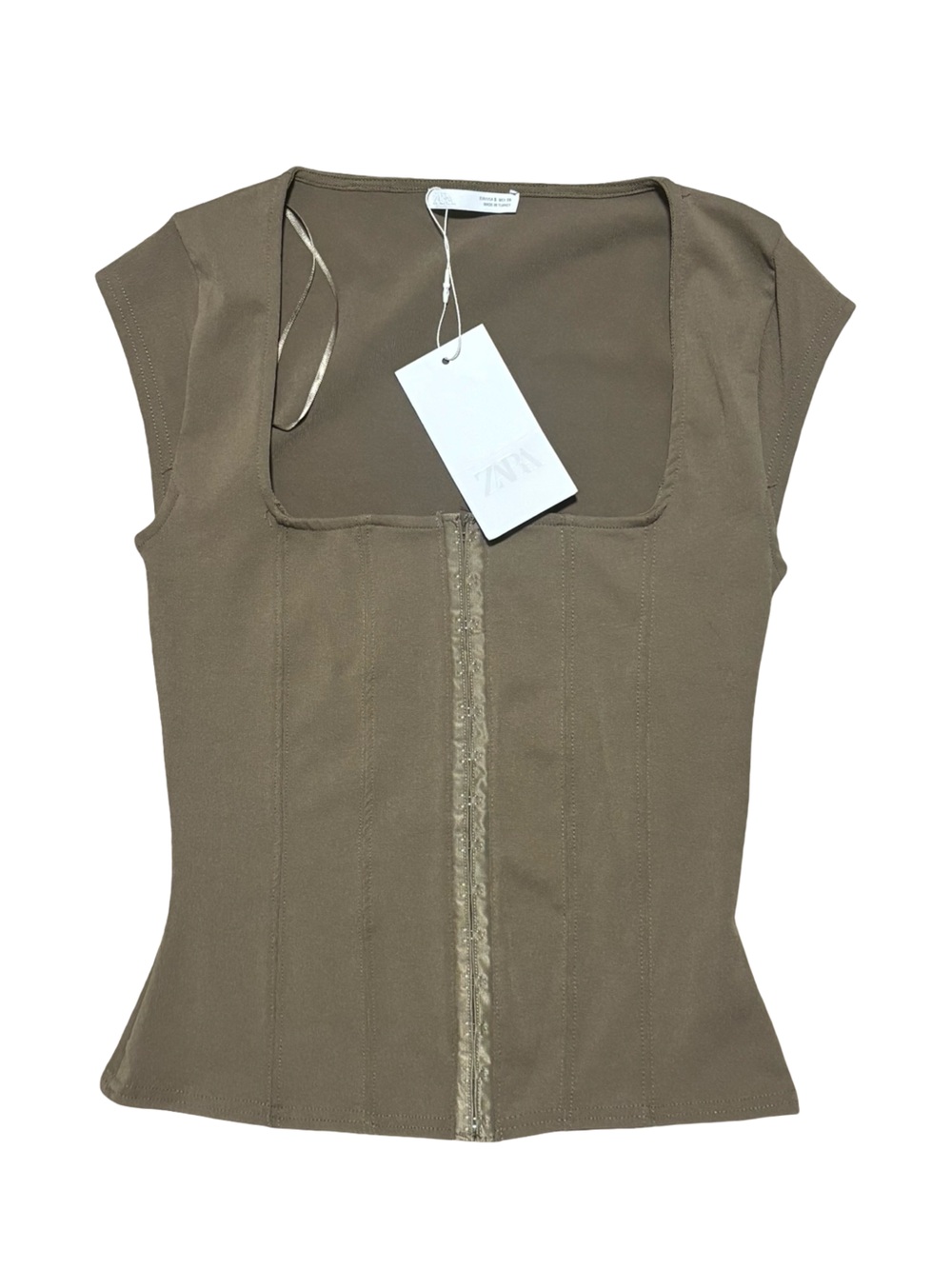 ZARA Tan Zip-Front Women's Square Neck Top Medium